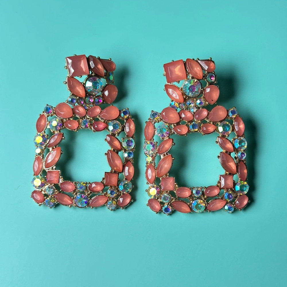 Elegant Coral and Blue Statement Earrings - Picture 2 of 4